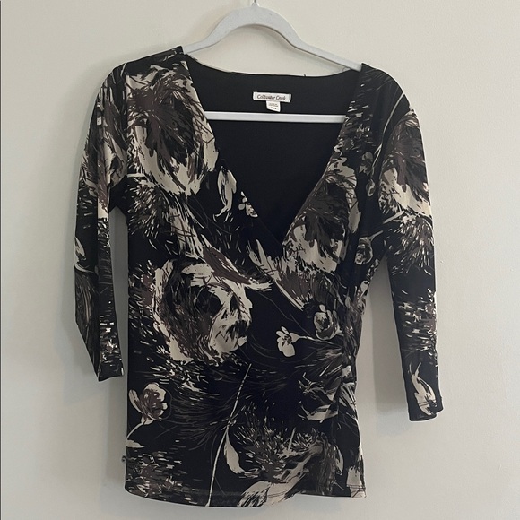 Coldwater Creek Tops - Vintage Coldwater Creek Abstract Floral Surplice Mesh Black Cream Y2K Artsy